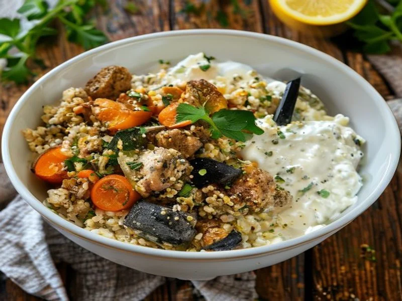 Bowl chaud quinoa-poulet-légumes-sauce yaourt