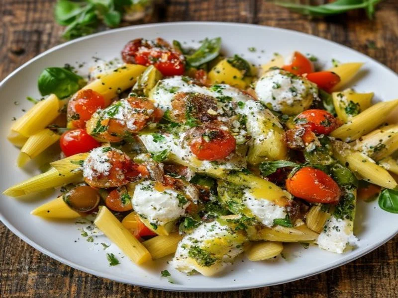 Pâtes pesto, mozzarella & pois chiches grillés