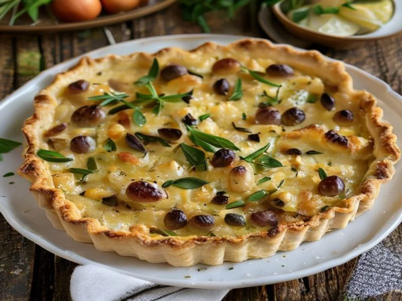Quiche poireaux-comté & pois chiches grillés